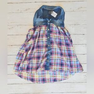 NEW Rue21 Sheer Denim Collar Button Up Plaid Colorful Tank Sleeveless Top